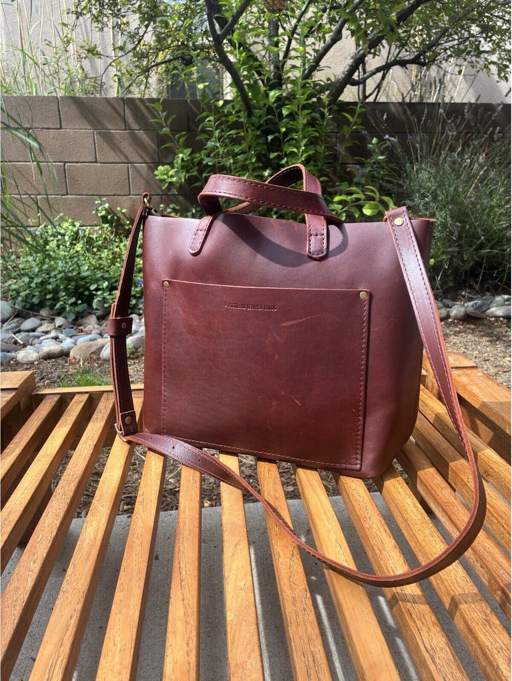 Portland Leather Goods Crossbody Tote Bag Cognac Brown Leather Removable Strap